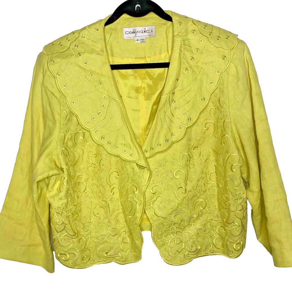 Donna Vinci Linen Belero Jacket Womens 18 Vintage Cropped Embroidered Yellow